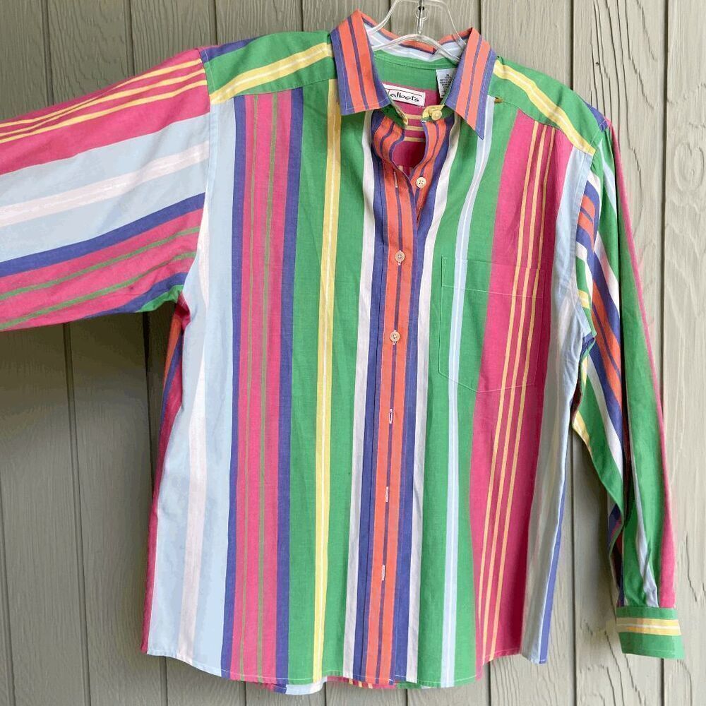 Vintage 80s/90s Talbots Rainbow Striped Button-Up Shirt, Colorful, Size M